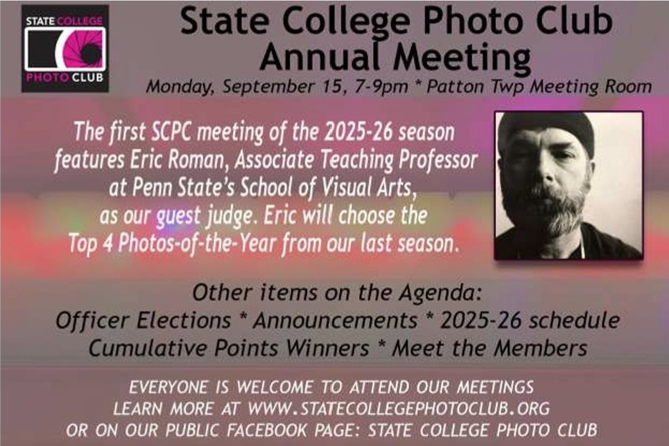 SCPC Monthly Meeting flyer: Annual Meeting with guest judge Eric Roman